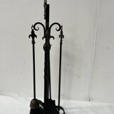 20th century wrought iron and bronze fireplace set