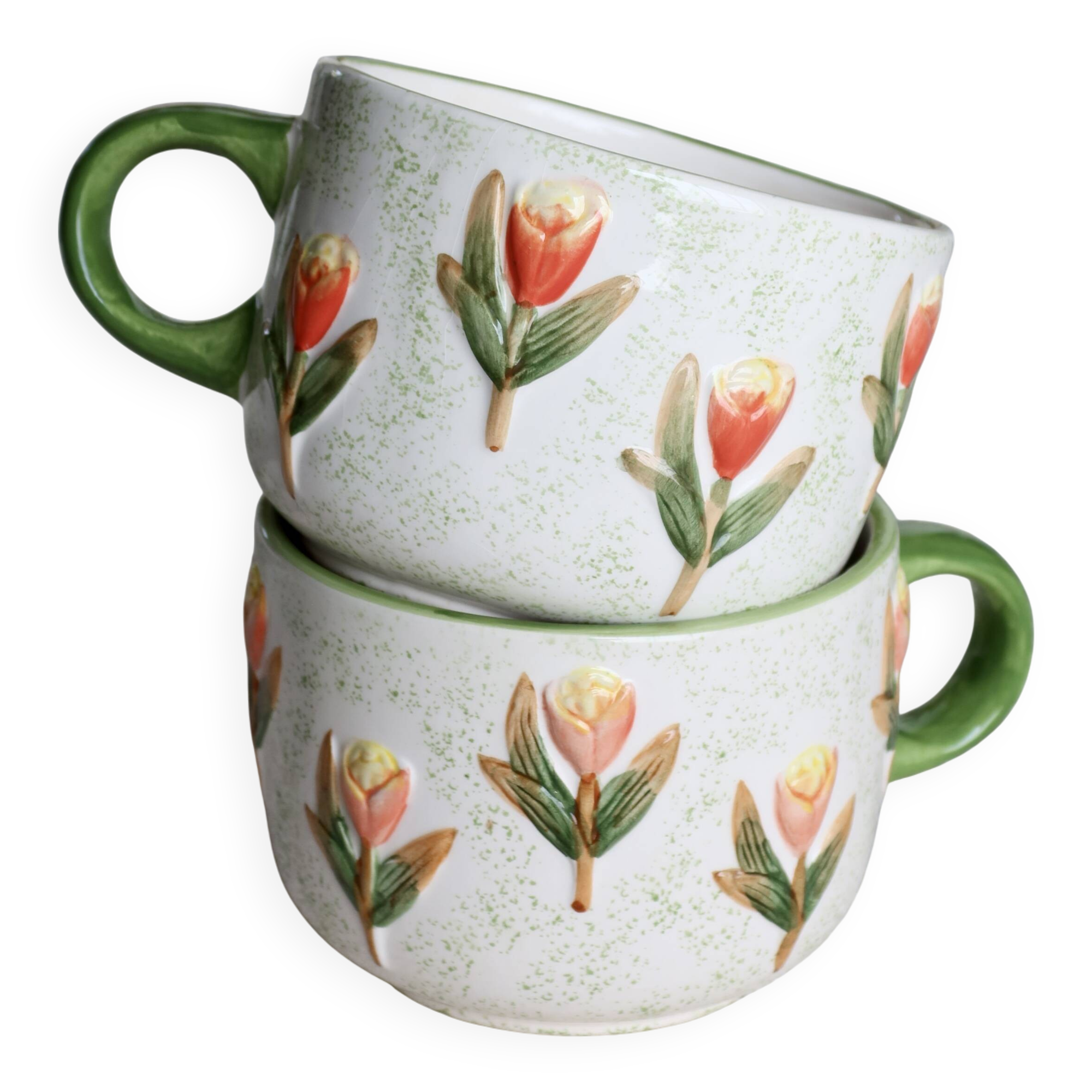 Vintage slip cups / mugs - Tulip pattern - Orange and green tones