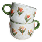 Vintage slip cups / mugs - Tulip pattern - Orange and green tones