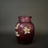 Vase émaillé Legras 1900 verre rose décor de jonquilles