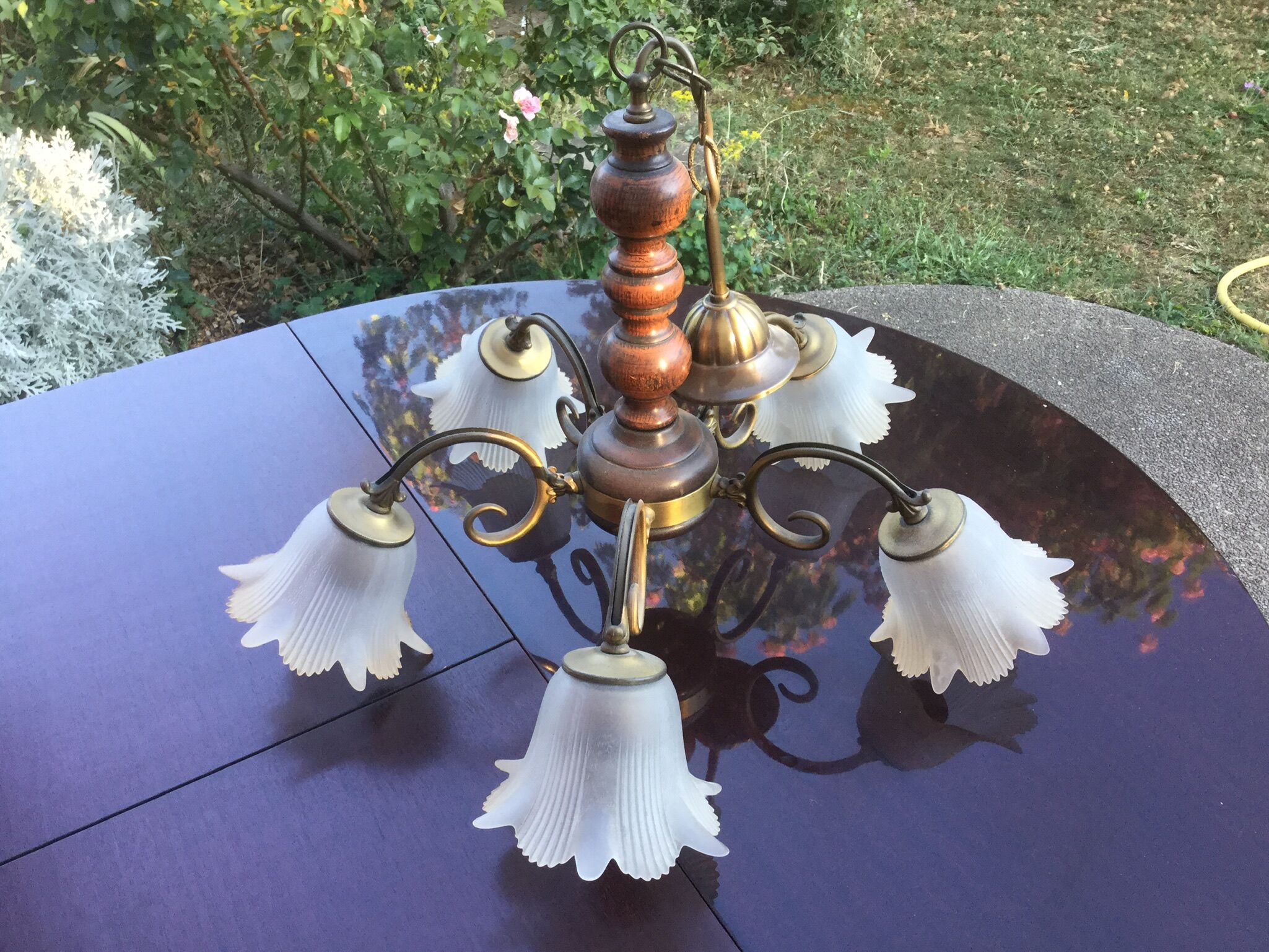 5-branched chandelier brass, wood and glass