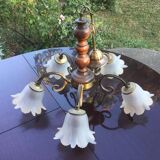 5-branched chandelier brass, wood and glass