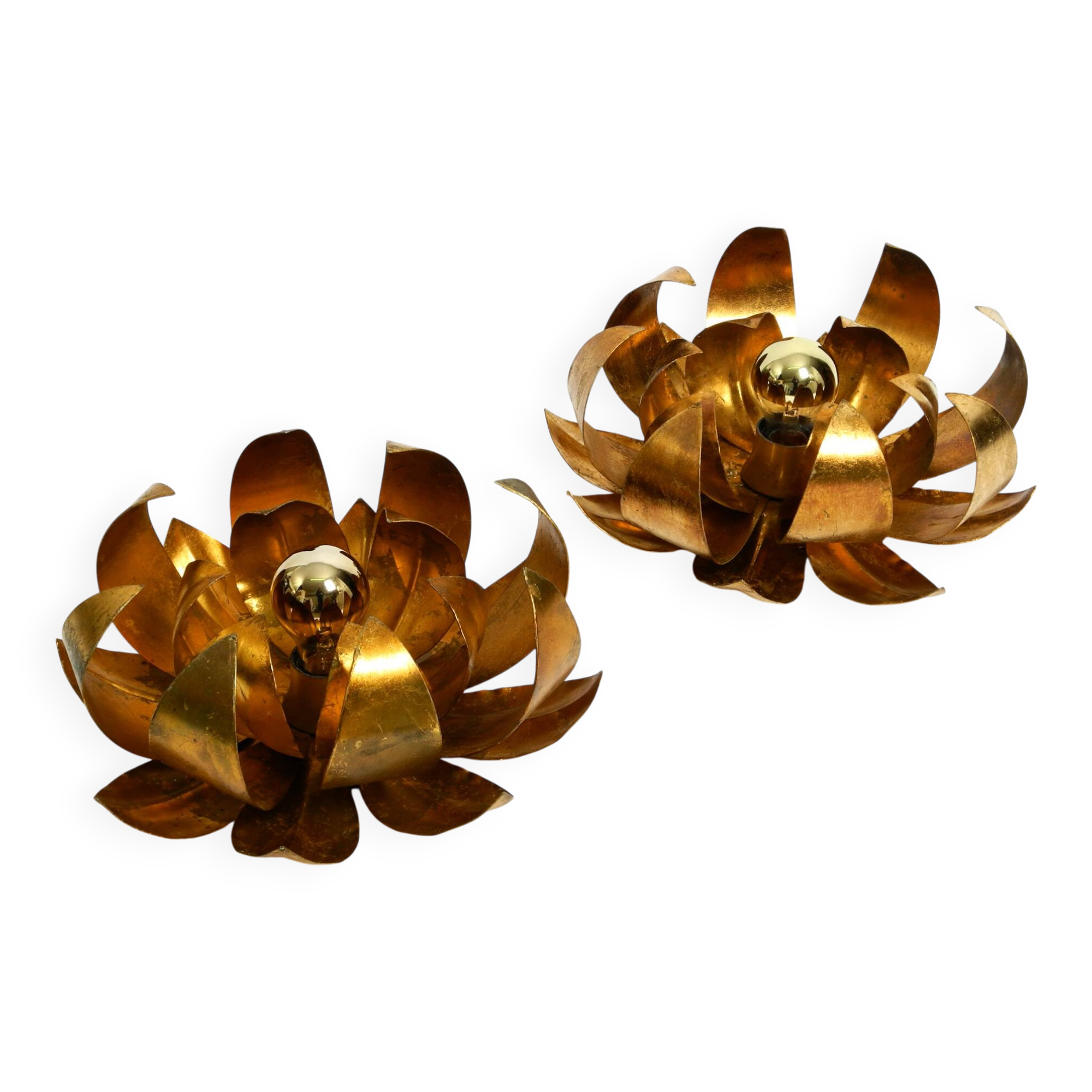 Pair of 70's gilded floral Regency wall or ceiling lamp with large leaves