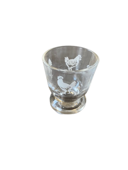 Set of 2 shells in transparent molded glass and decoration hen rooster and vintage chicks