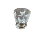 Set of 2 shells in transparent molded glass and decoration hen rooster and vintage chicks
