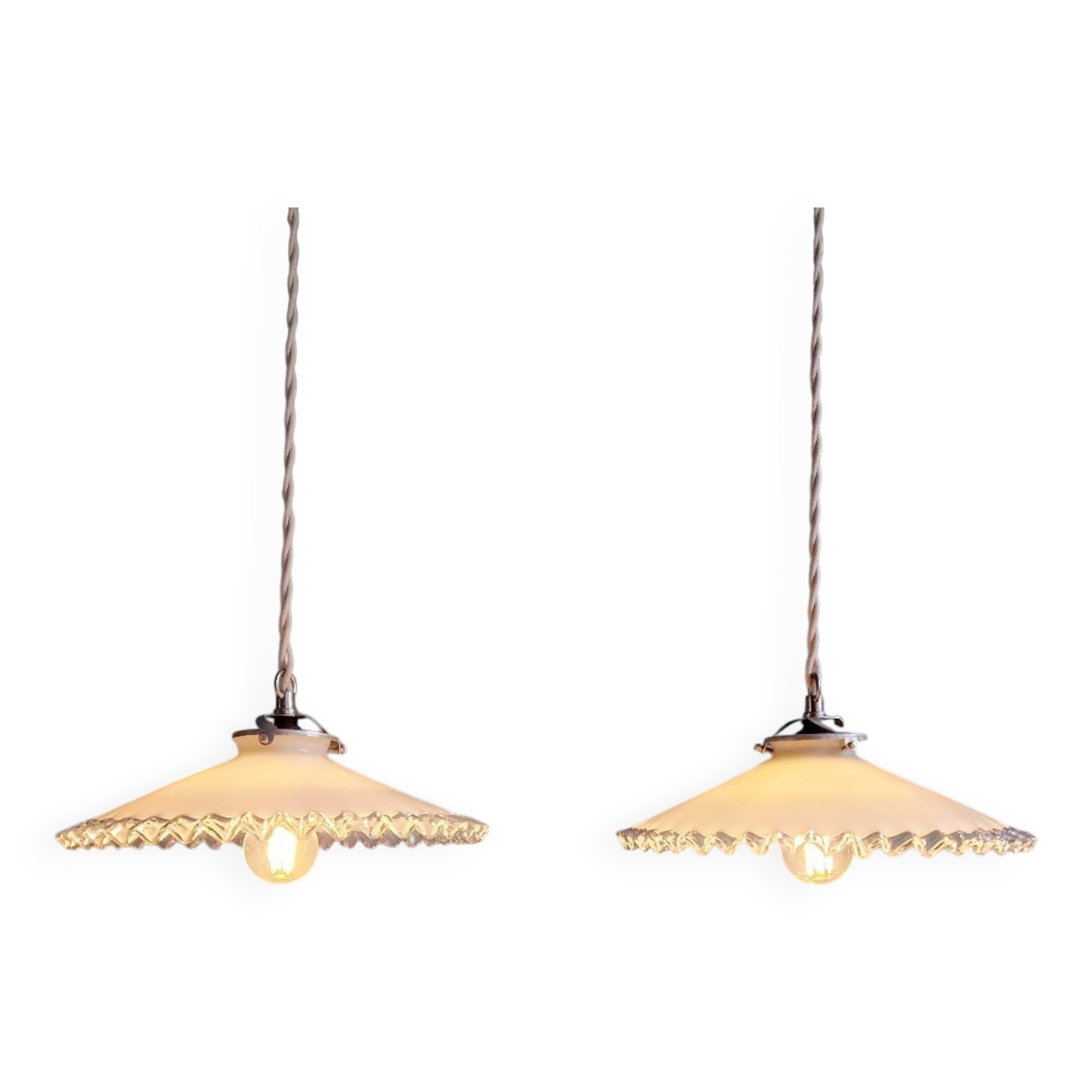Pair of Art Deco pendant lights in scalloped white opaline, 1920-30
