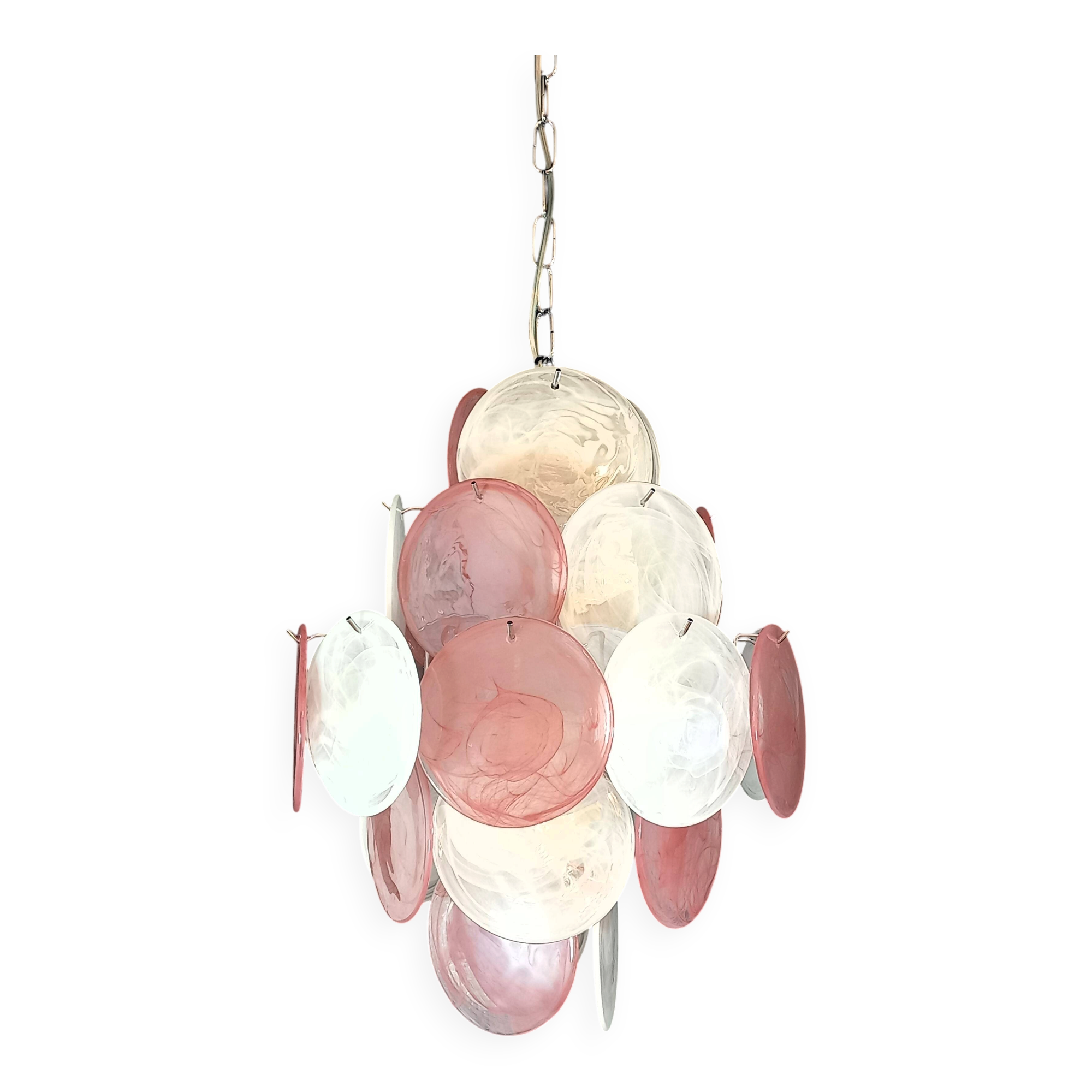 Handcrafted chandelier with alabaster disc glass, Murano glass.
