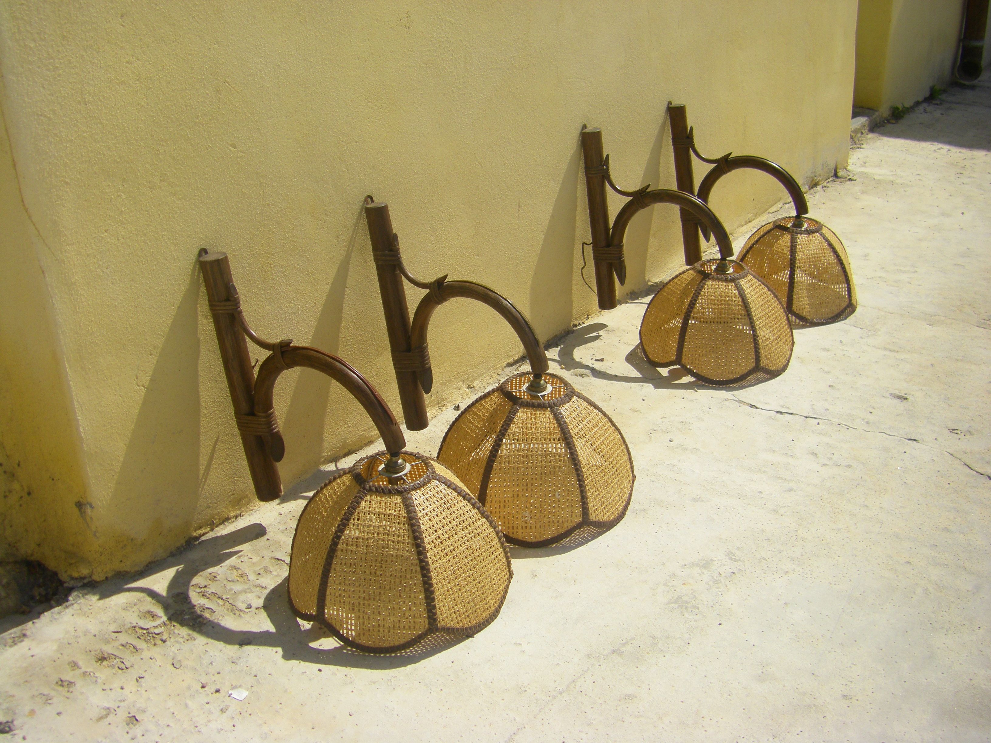 Four vintage rattan wall lamps
