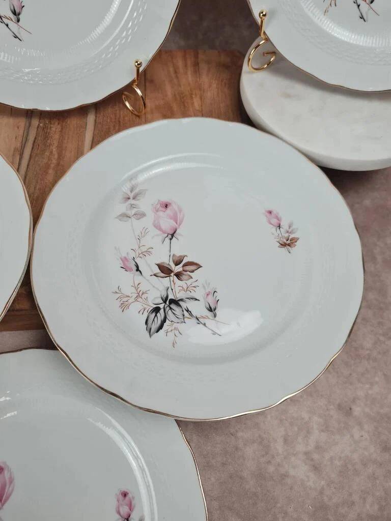 Set of 6 porcelain plates Tognana – antique rose pattern & gold rim