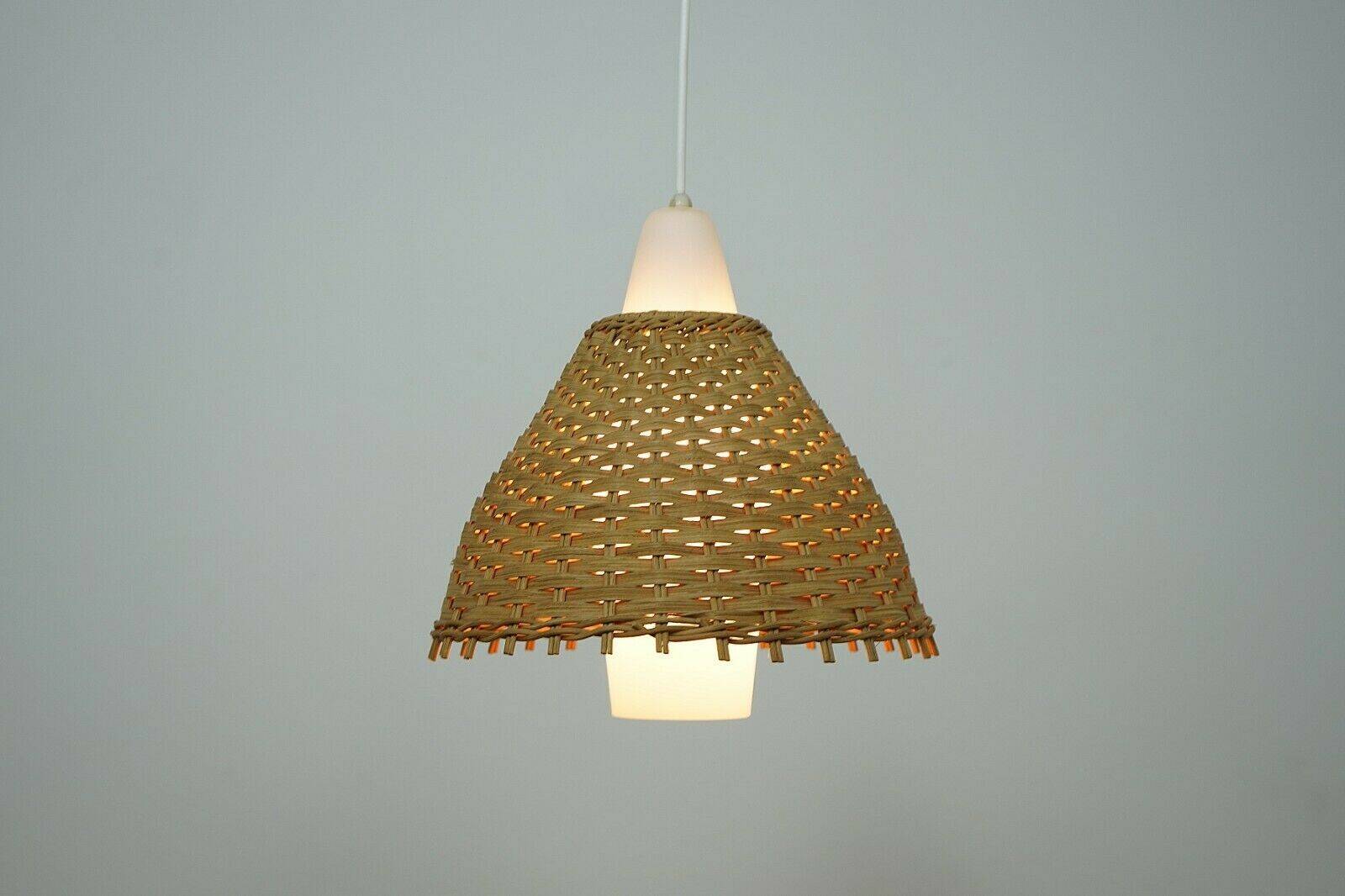 Vintage pendant light, glass & rattan