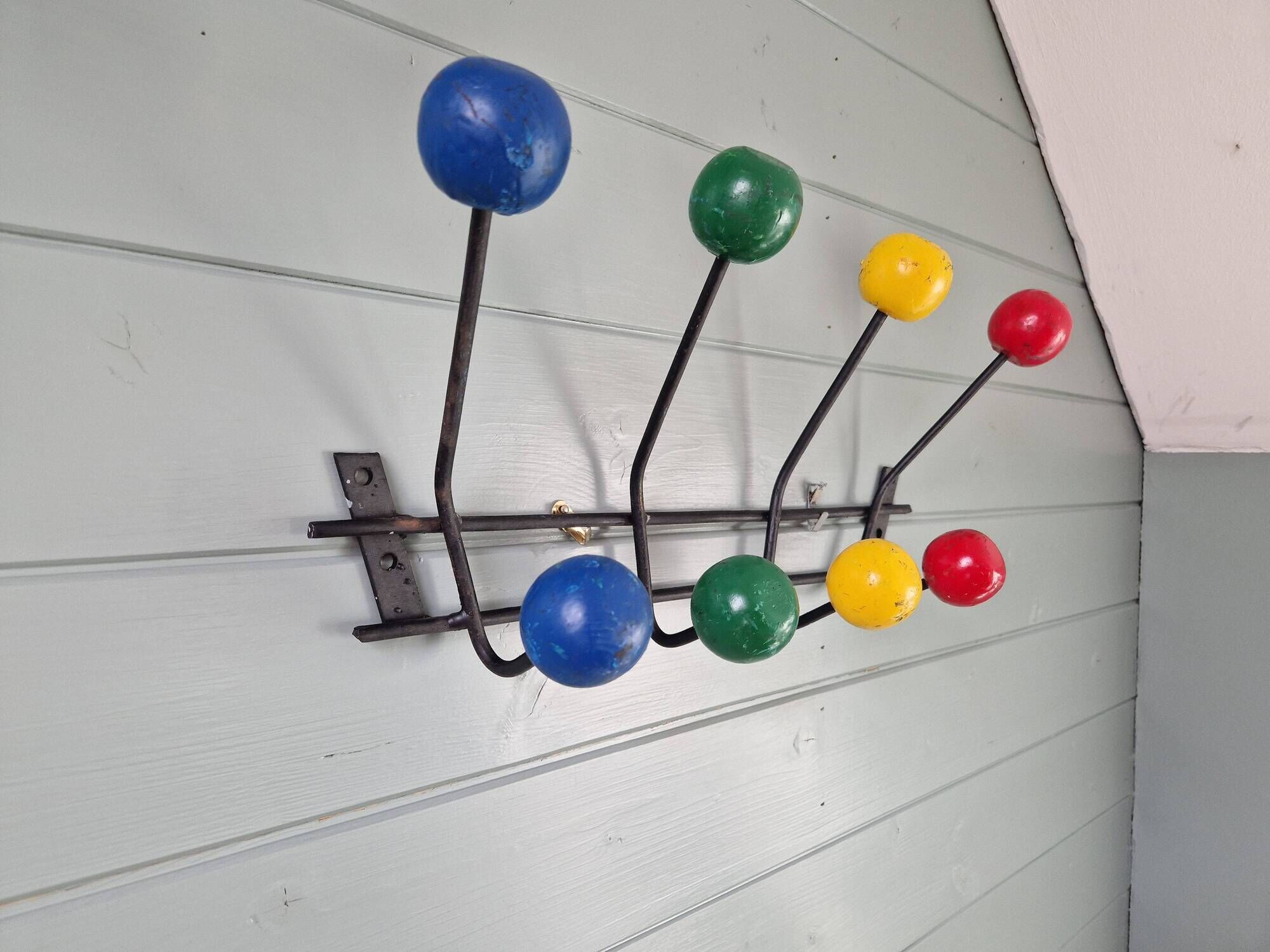 Vintage wall coat rack with 8 hooks in metal and wood (4 available), 1960s