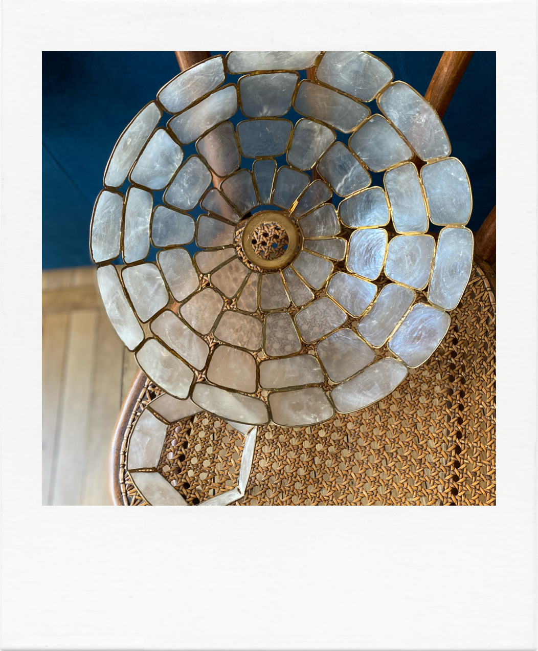 Mother-of-pearl lampshade and large format brass