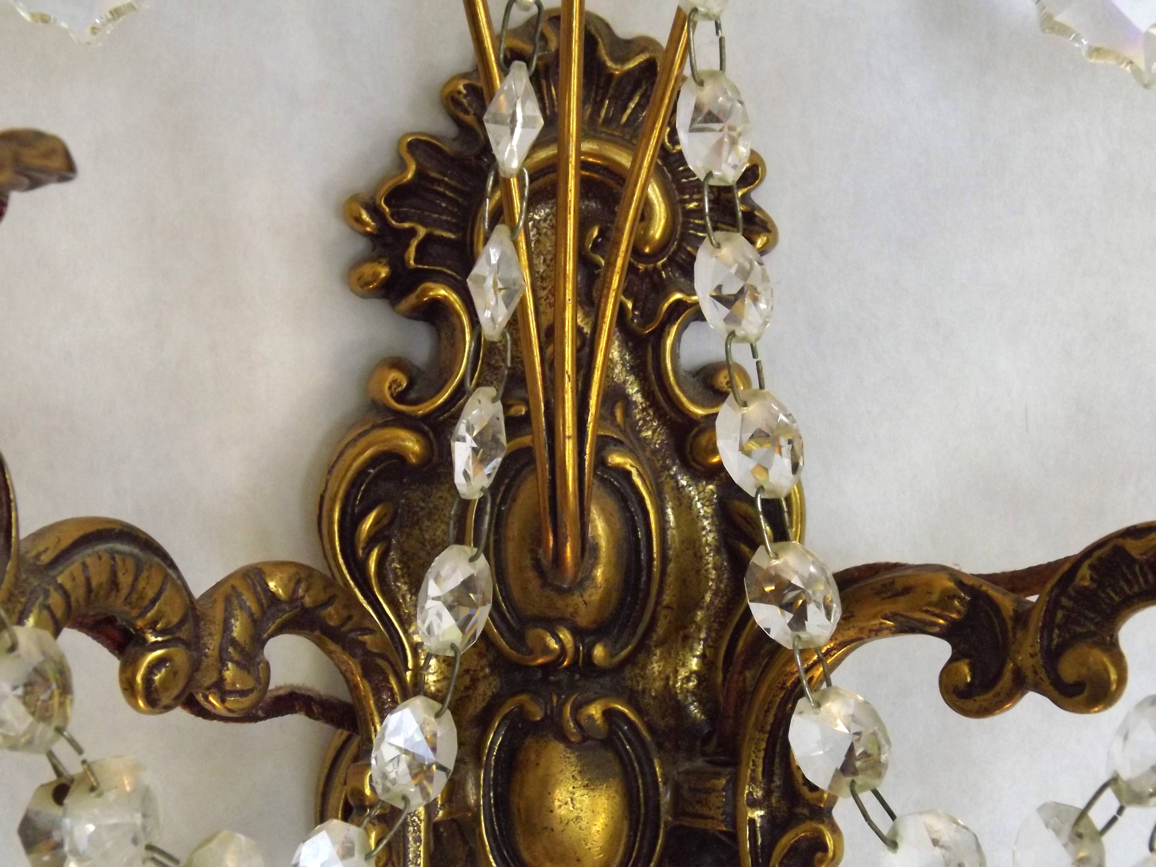 Pair of French Baroque Double Bronze Crystal Wall Lights Glass Bead Swags
