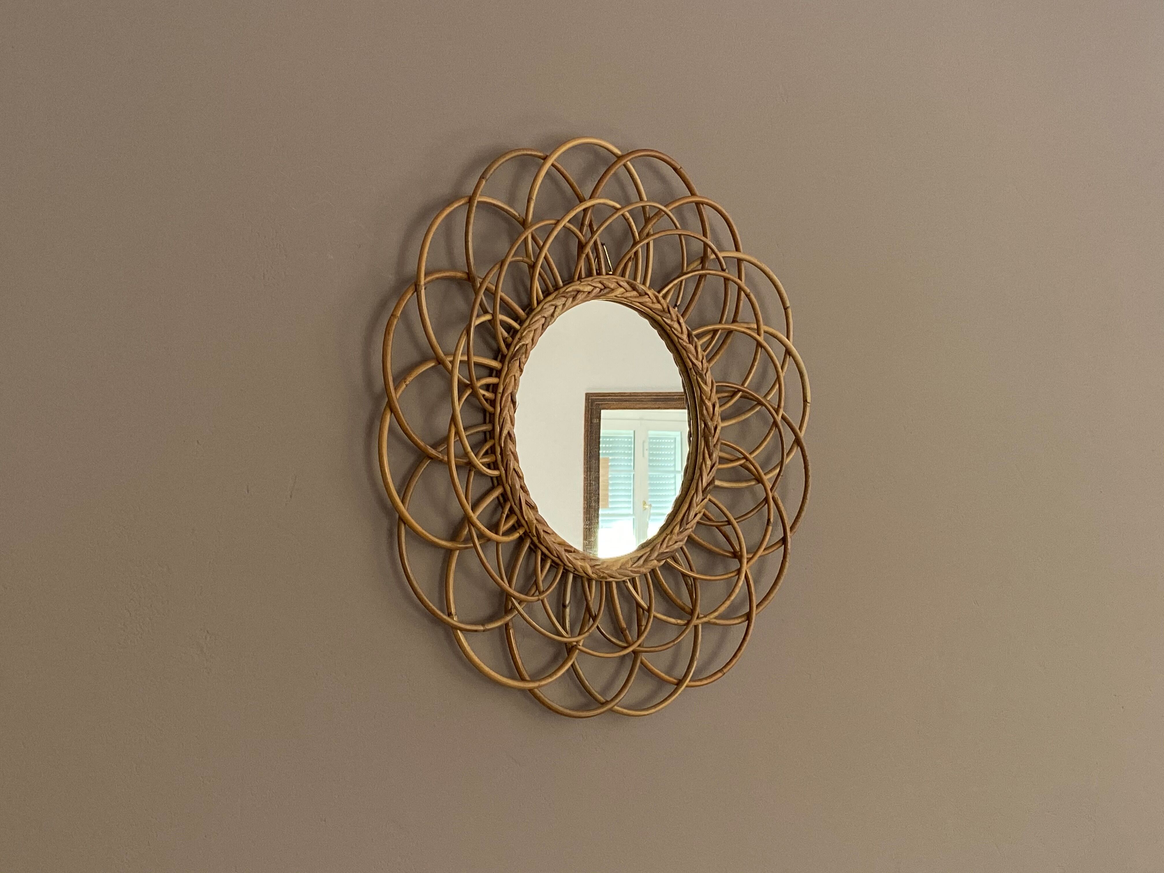 Vintage sun mirror in arched rattan, 55cm, 1960