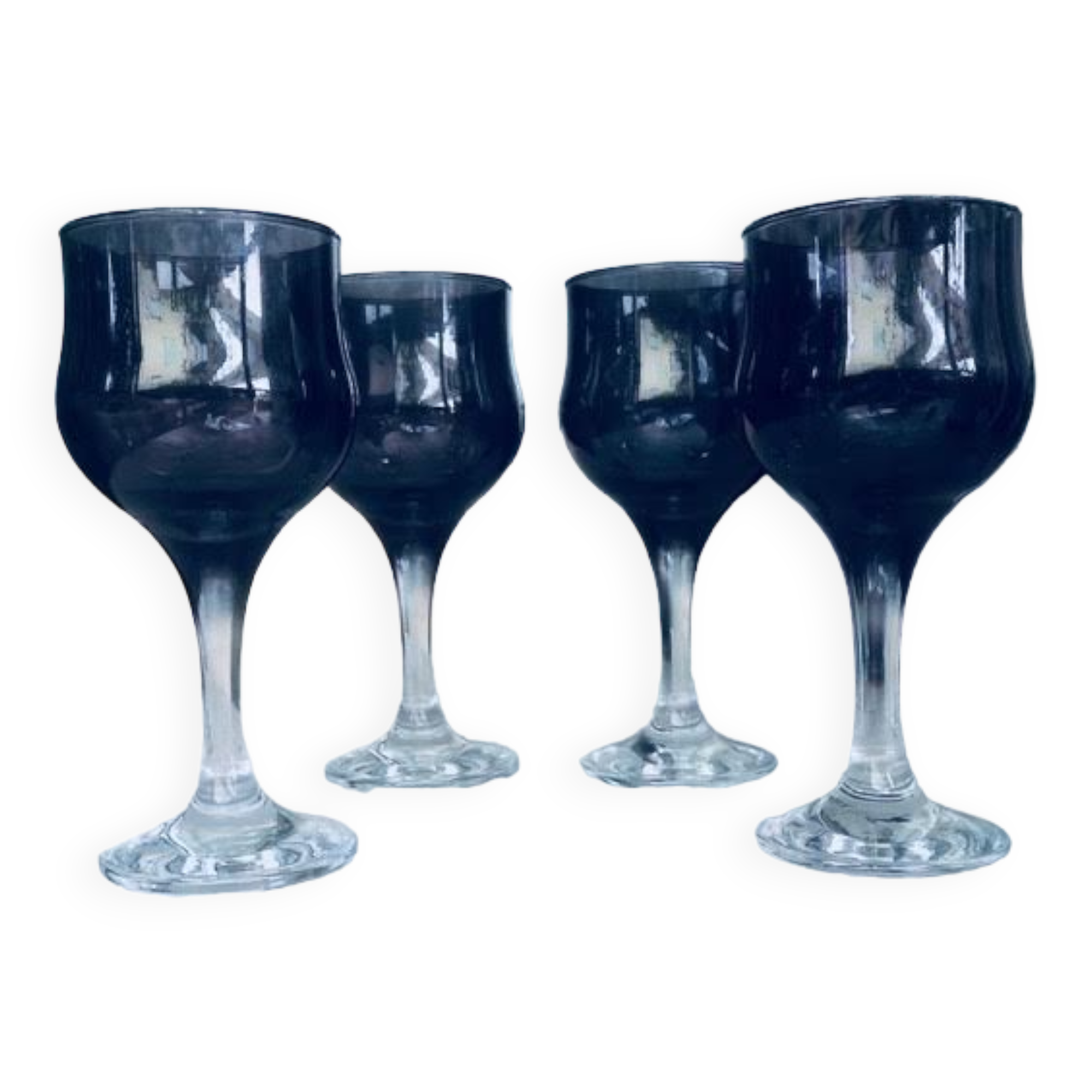 4 Verres à pieds vintage en verre soufflé noir