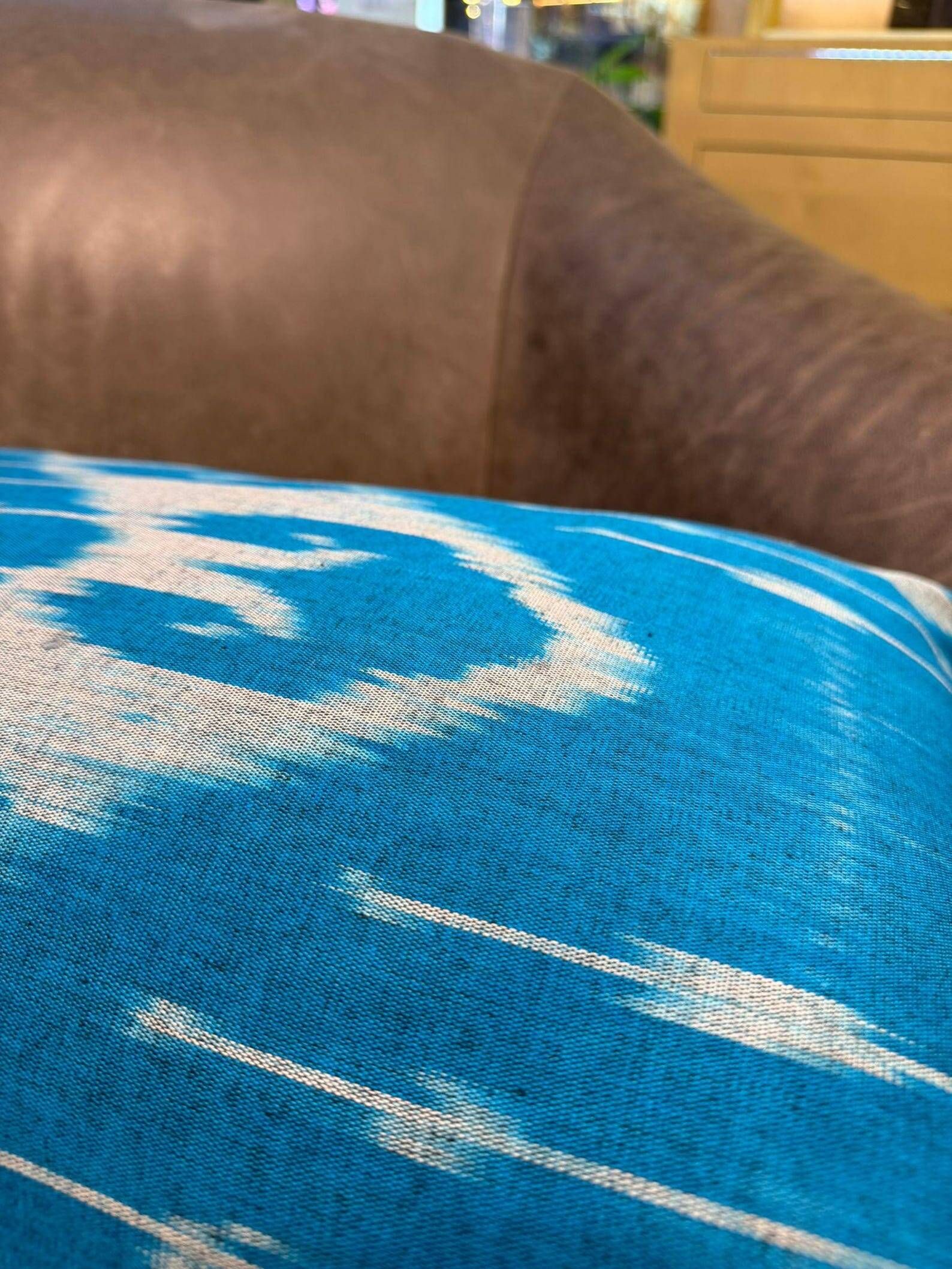 Handmade Silk Ikat Lumbar Cushion Cover, Sky Blue Oval Print Pillow Case