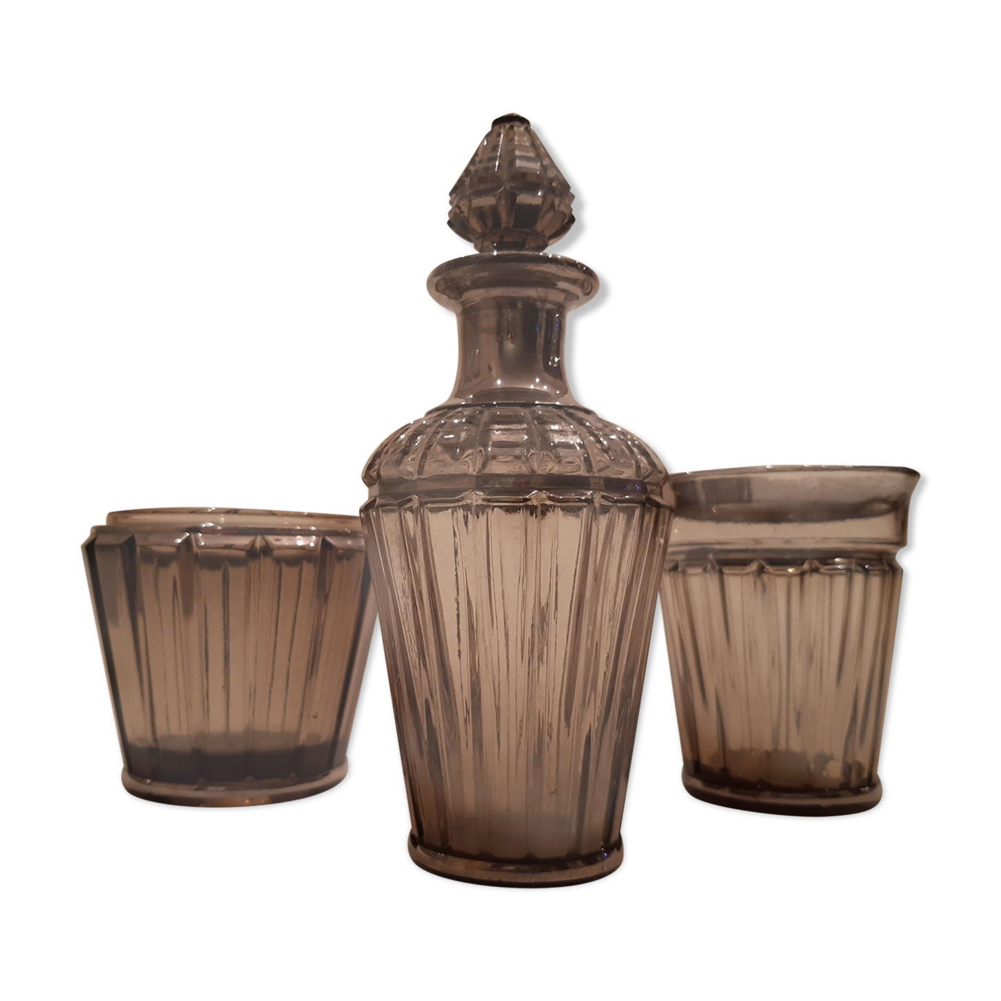 Carafe, glass and pot Portieux in smoked glass and silver art deco