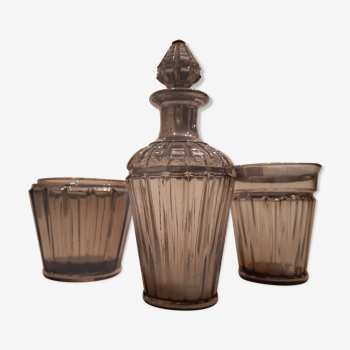 Carafe, glass and pot Portieux in smoked glass and silver art deco