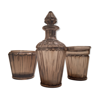 Carafe, glass and pot Portieux in smoked glass and silver art deco