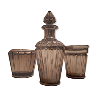 Carafe, verre et pot Portieux en verre fumé et argenté  art deco