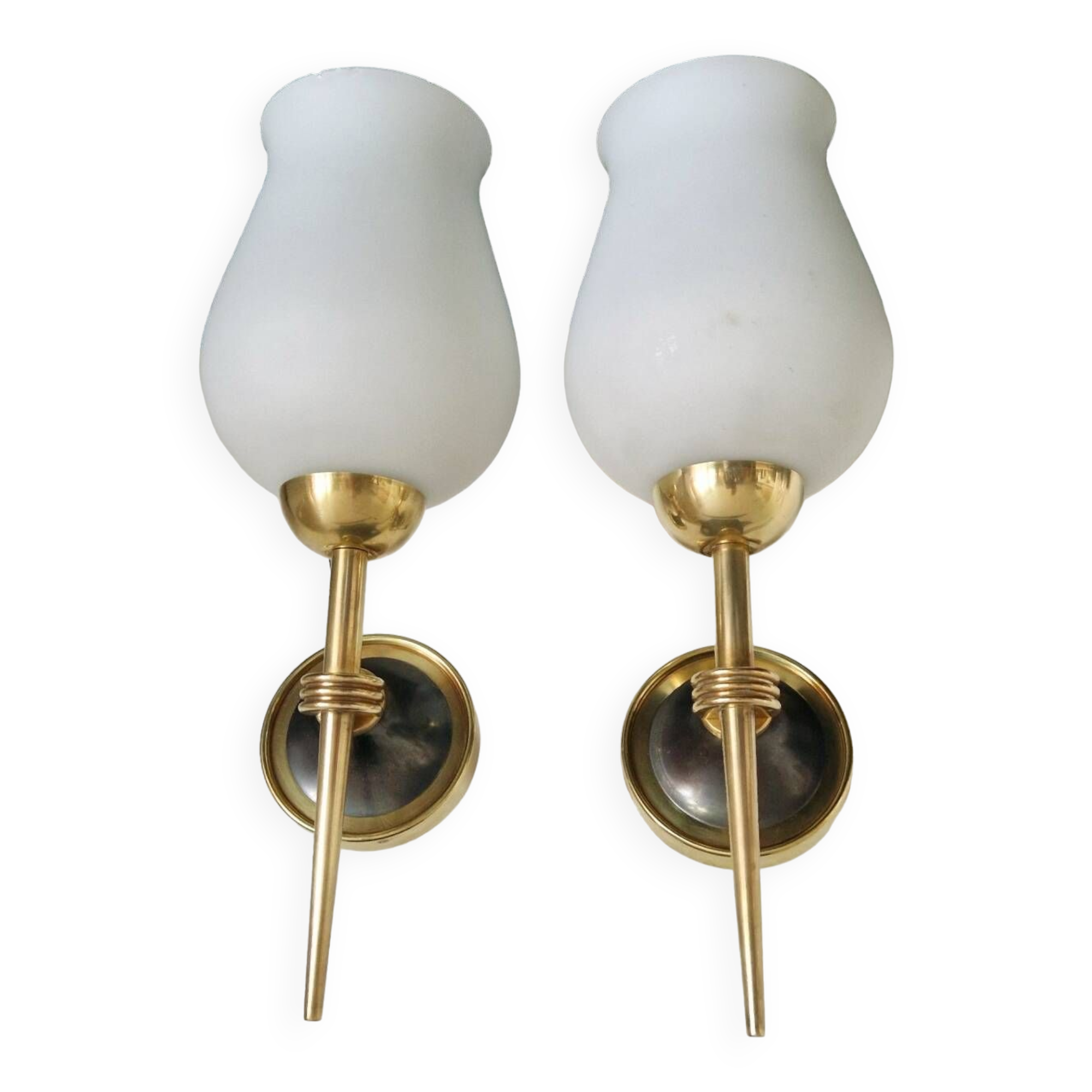 Pair of opaline and brass wall lights, 1950