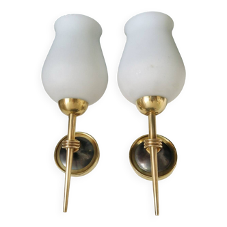 Pair of opaline and brass wall lights 1950