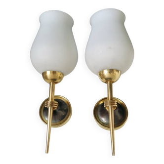 Pair of opaline and brass wall lights, 1950s