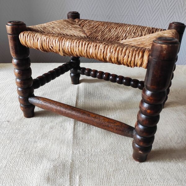 Repose-pieds ancien en bois tourné bobine et paille