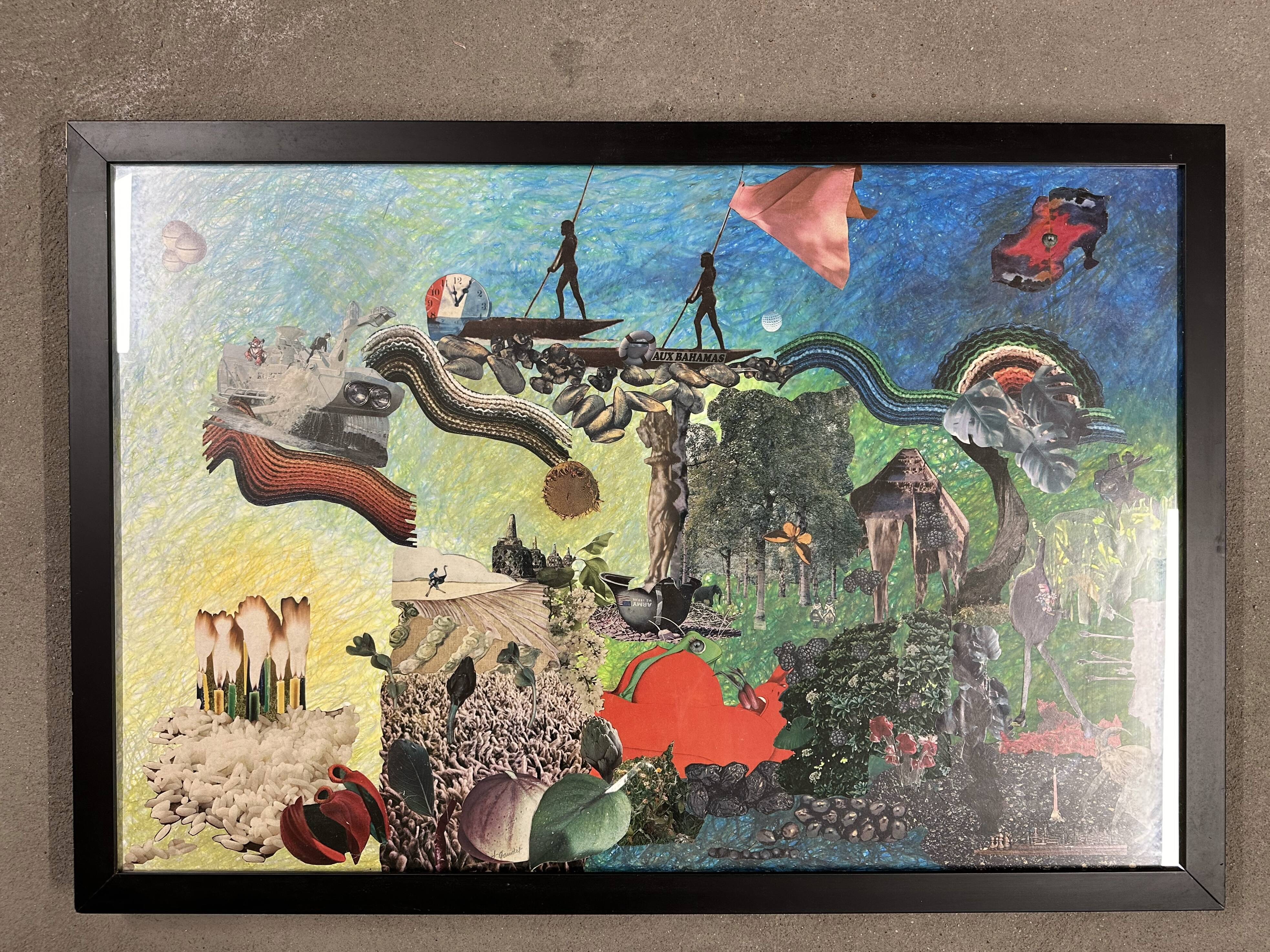 Very large framed surrealist collage by Alain Gaudet 1979