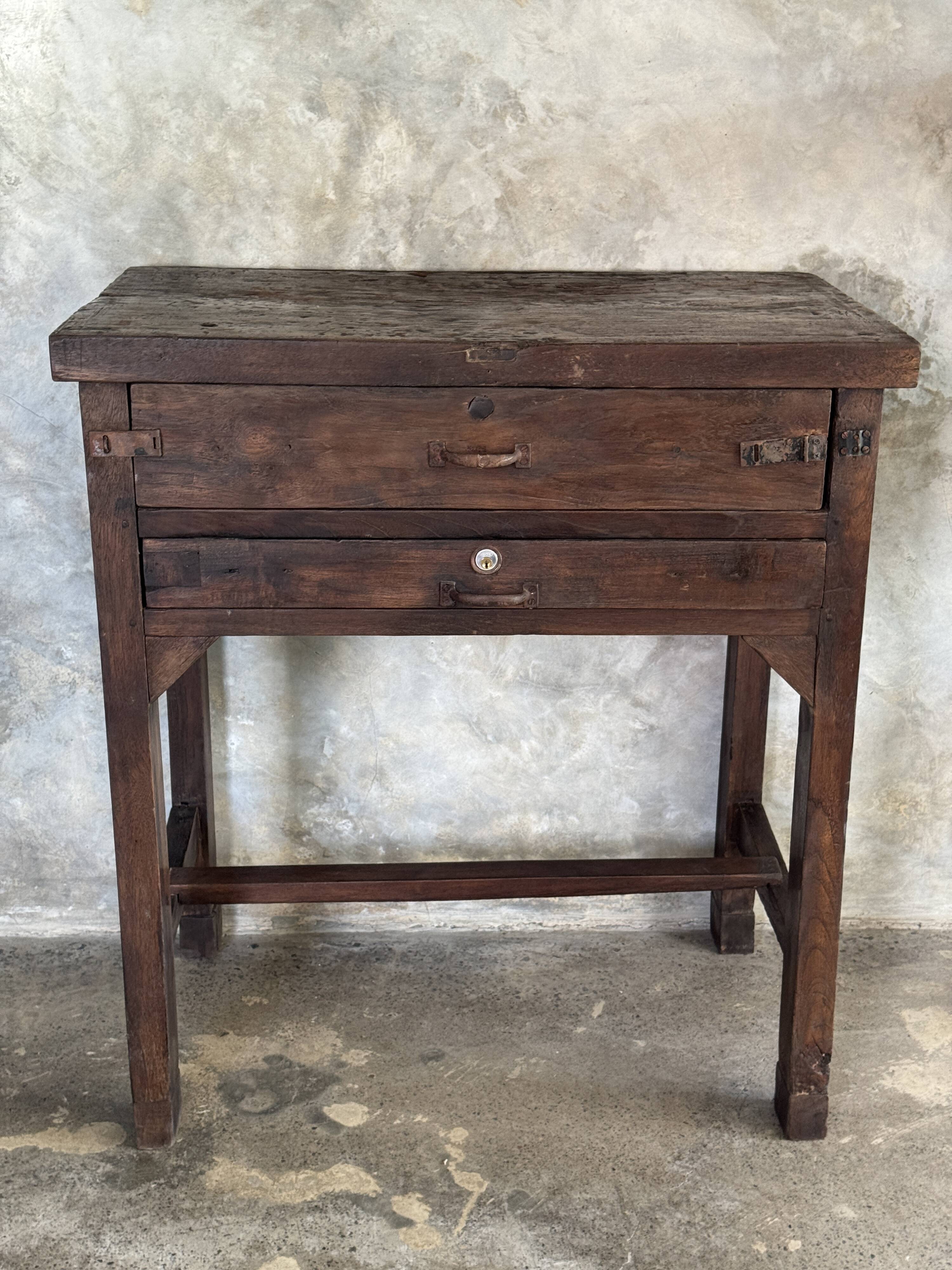 Antique Indonesian teak workbench with two drawers and stretcher H89.