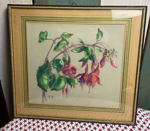 Pastel ancien Fuchsias encadré