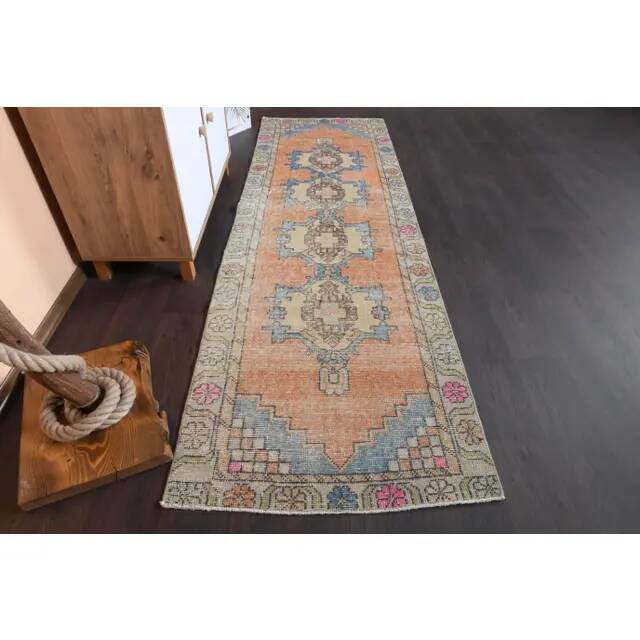1970s Vintage Turkish Hand-Knotted Wool Cotton Orange Runner Rug 82x261