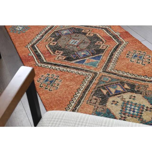1970s vintage Turkish Oushak handmade wool cotton orange runner rug 80x320