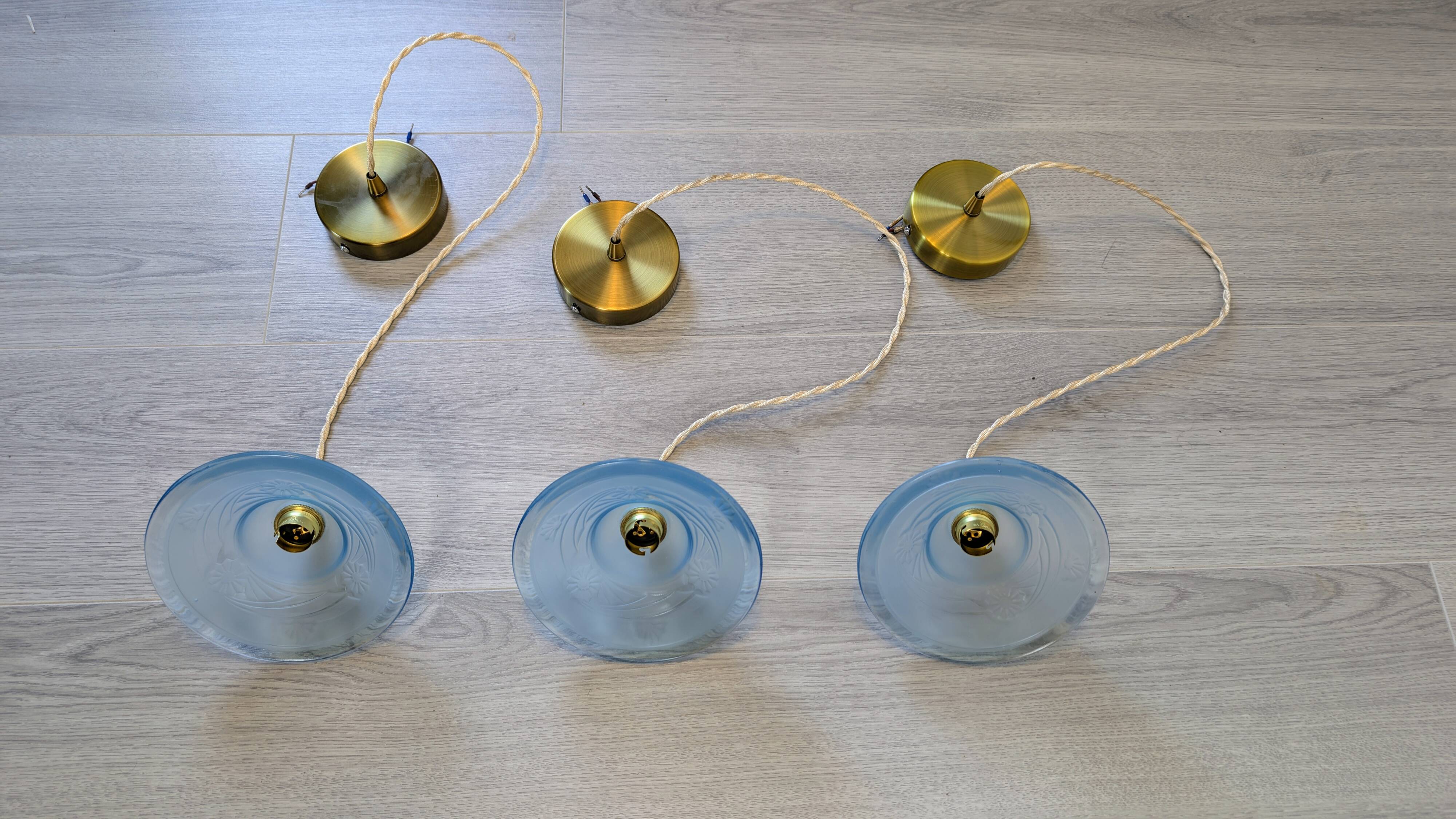 Art Deco blue glass pendant light, moulded glass shade — Ø19 cm — 3 available