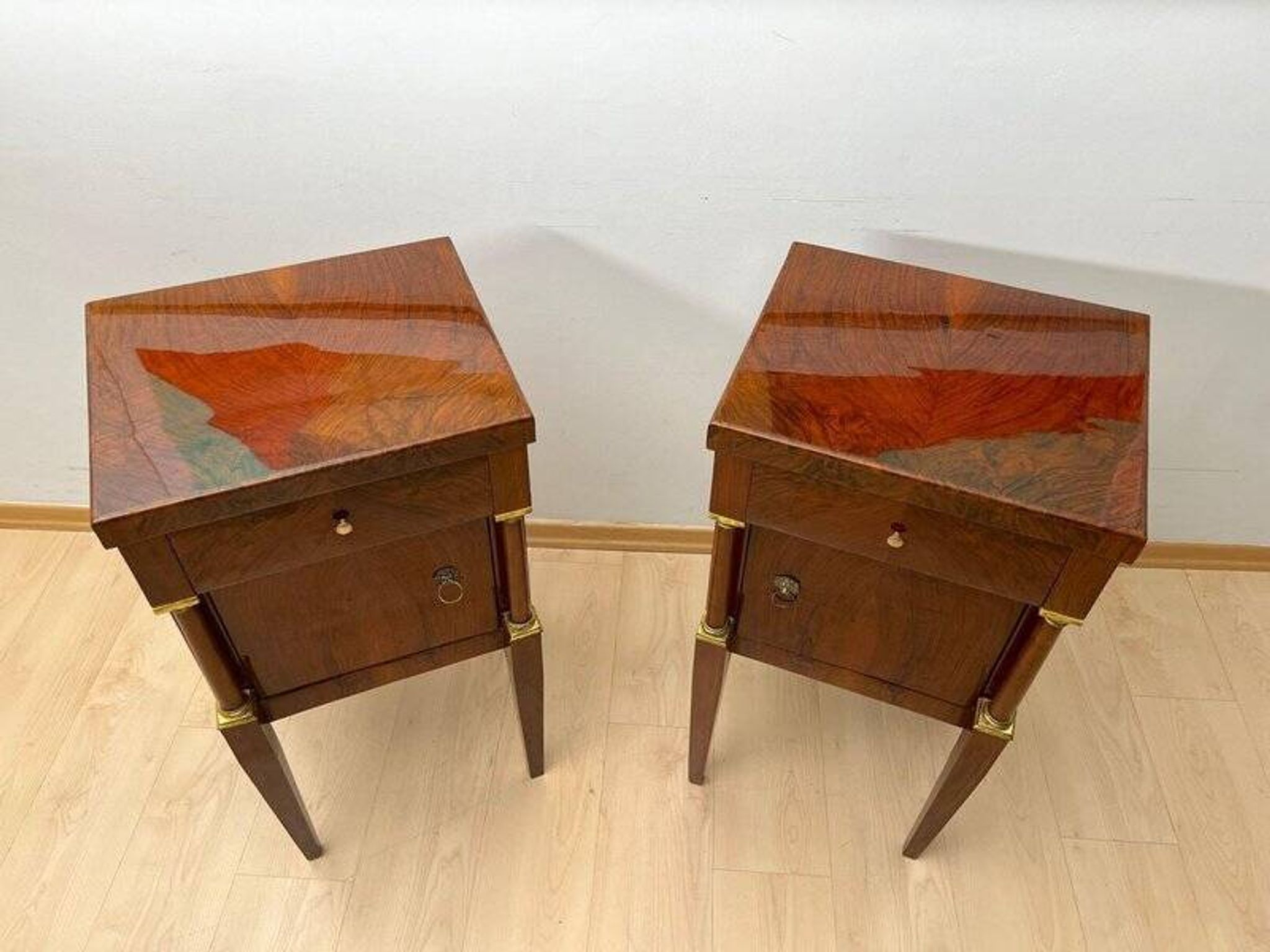 Empire Nightstands in Walnut with Full Columns in Gilt Brass, Italy, 1810, Set of 2