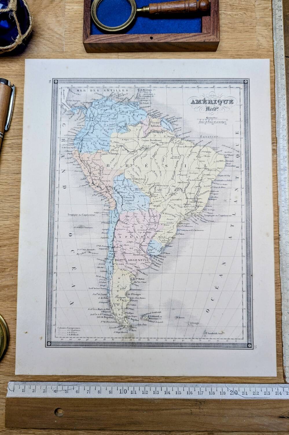 South America, antique map, printed in 1852. Authentic.