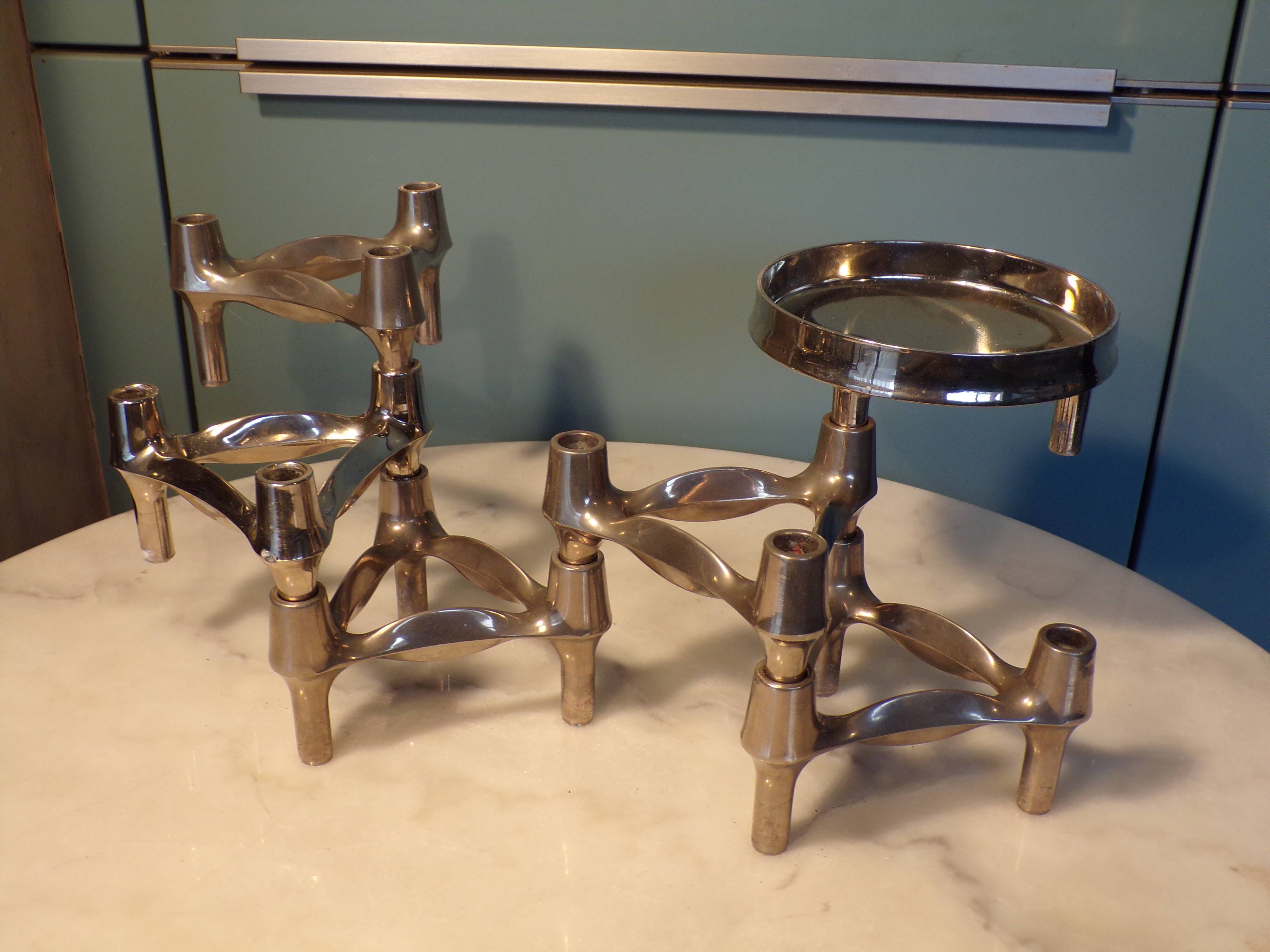 5 Nagel Bmf candle holders and a dish.