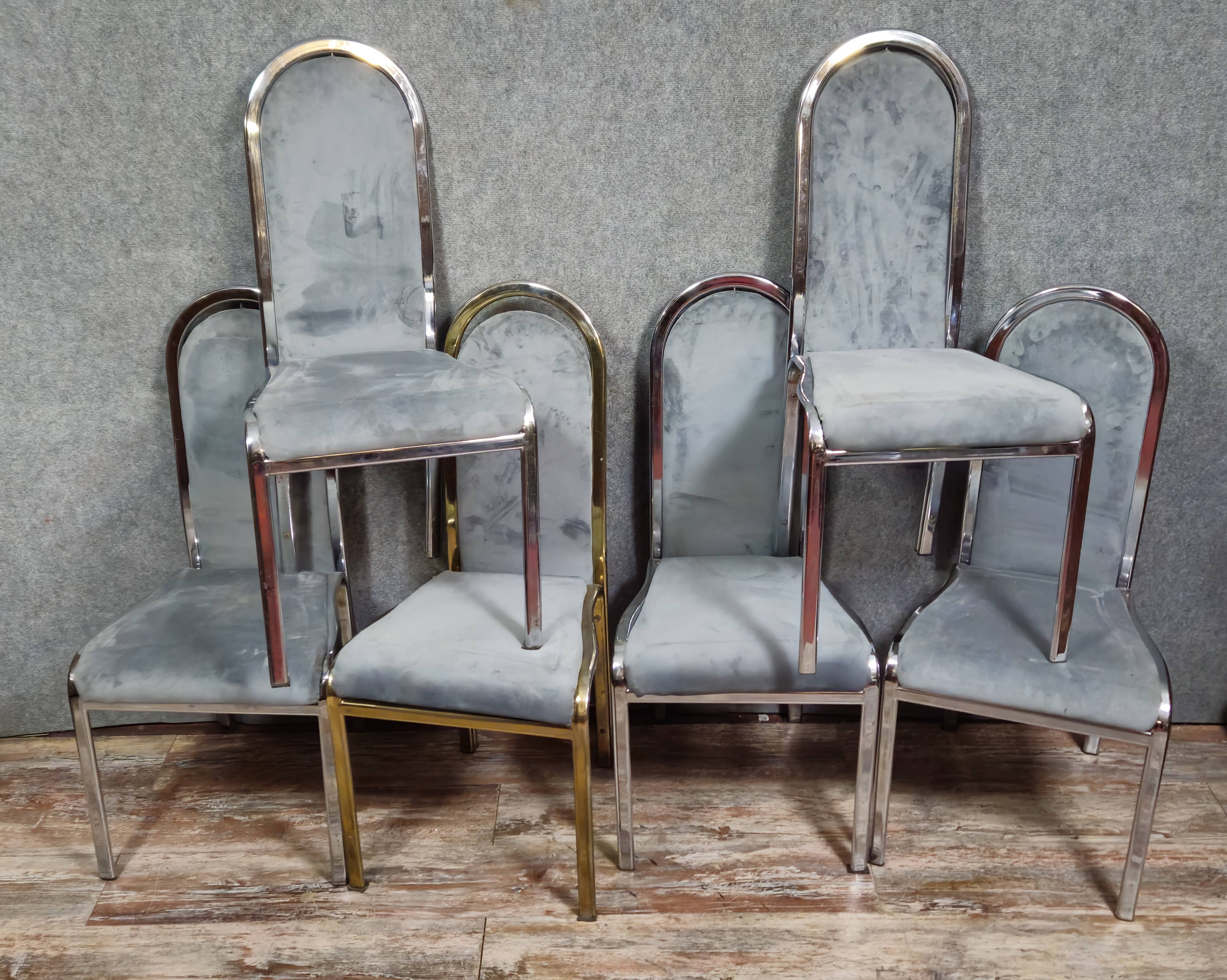 Set of 6 vintage design chairs – chrome metal & velvet