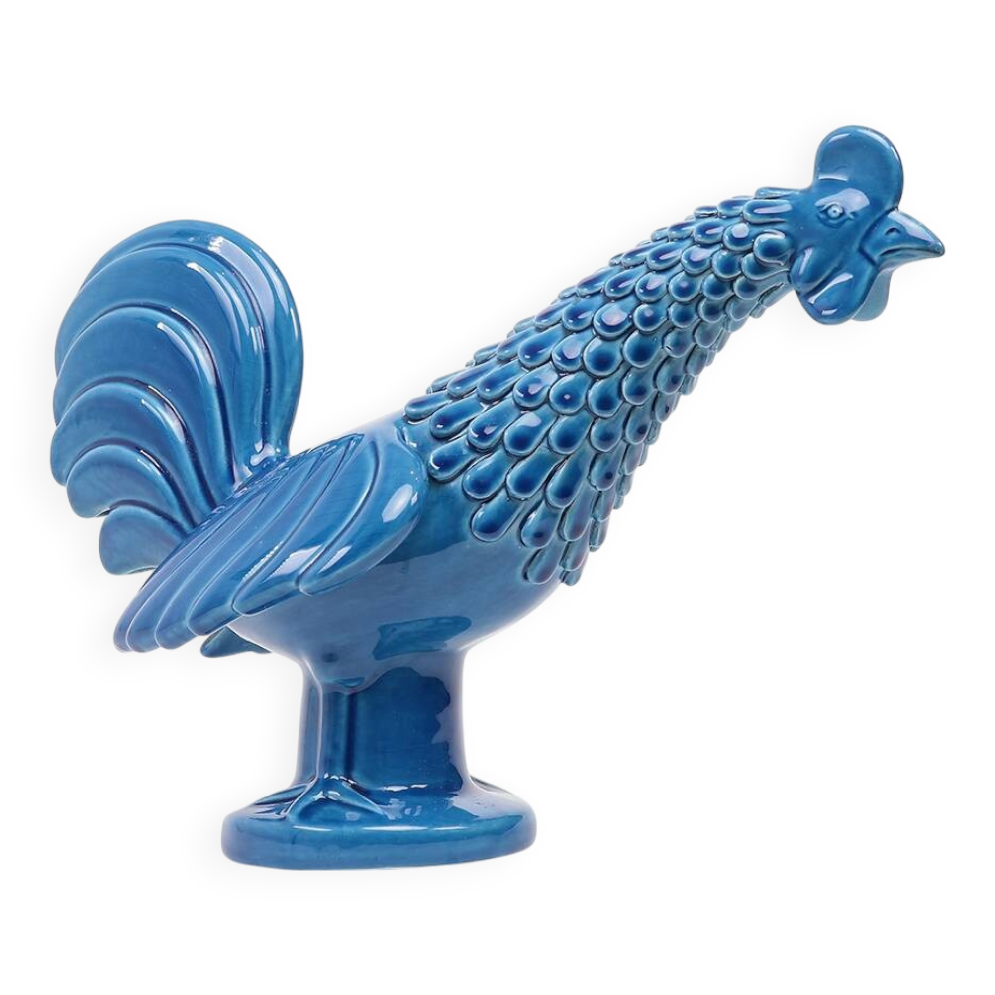 Vintage Italian Blue Ceramic Rooster, Behrend 1960s