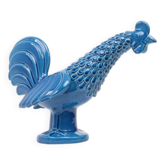 Vintage Italian Blue Ceramic Rooster, Behrend 1960s