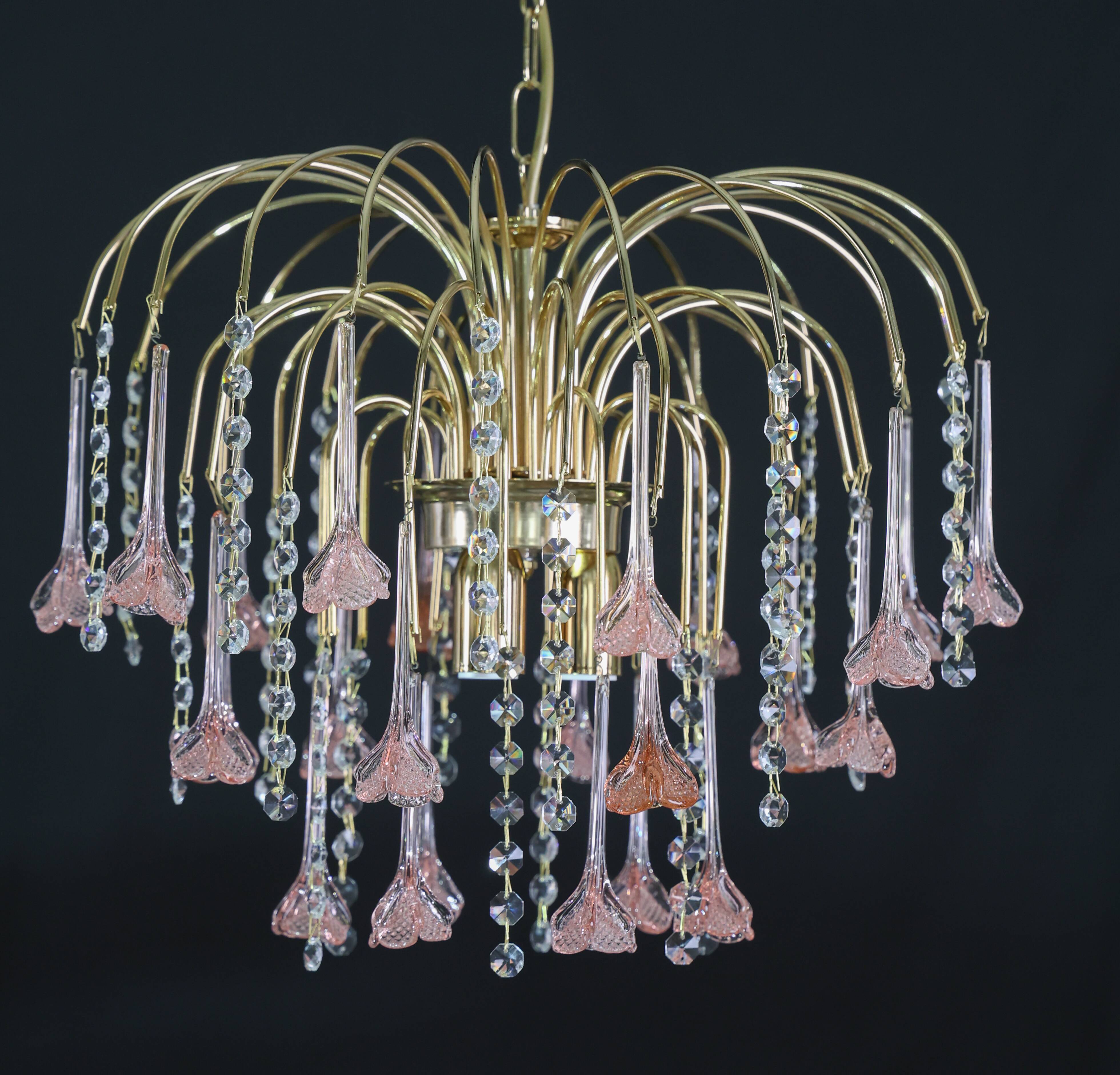 Set of 2 Meryl Streep, Pink Murano Flowers and Crystal Drops Chandelier, 19