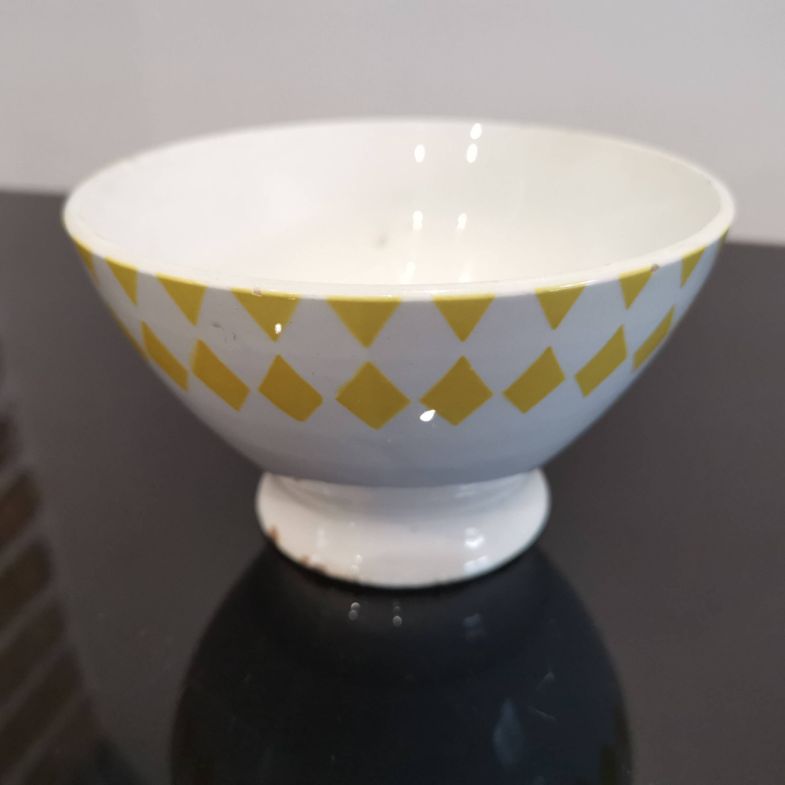 Old Badonviller earthenware bowl with yellow diamonds