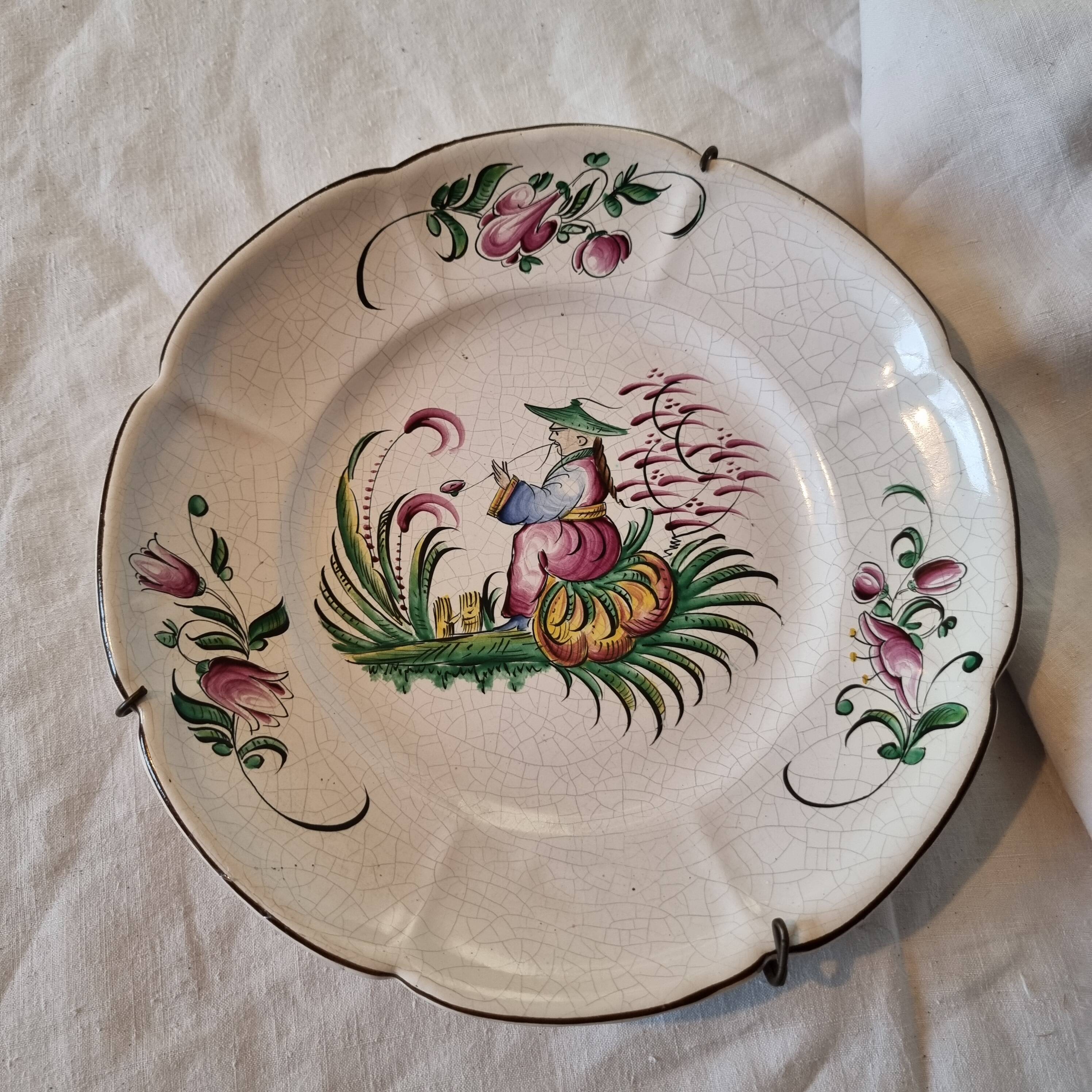 Antique ceramic or earthenware plate from the 19th century, Chinese style decoration