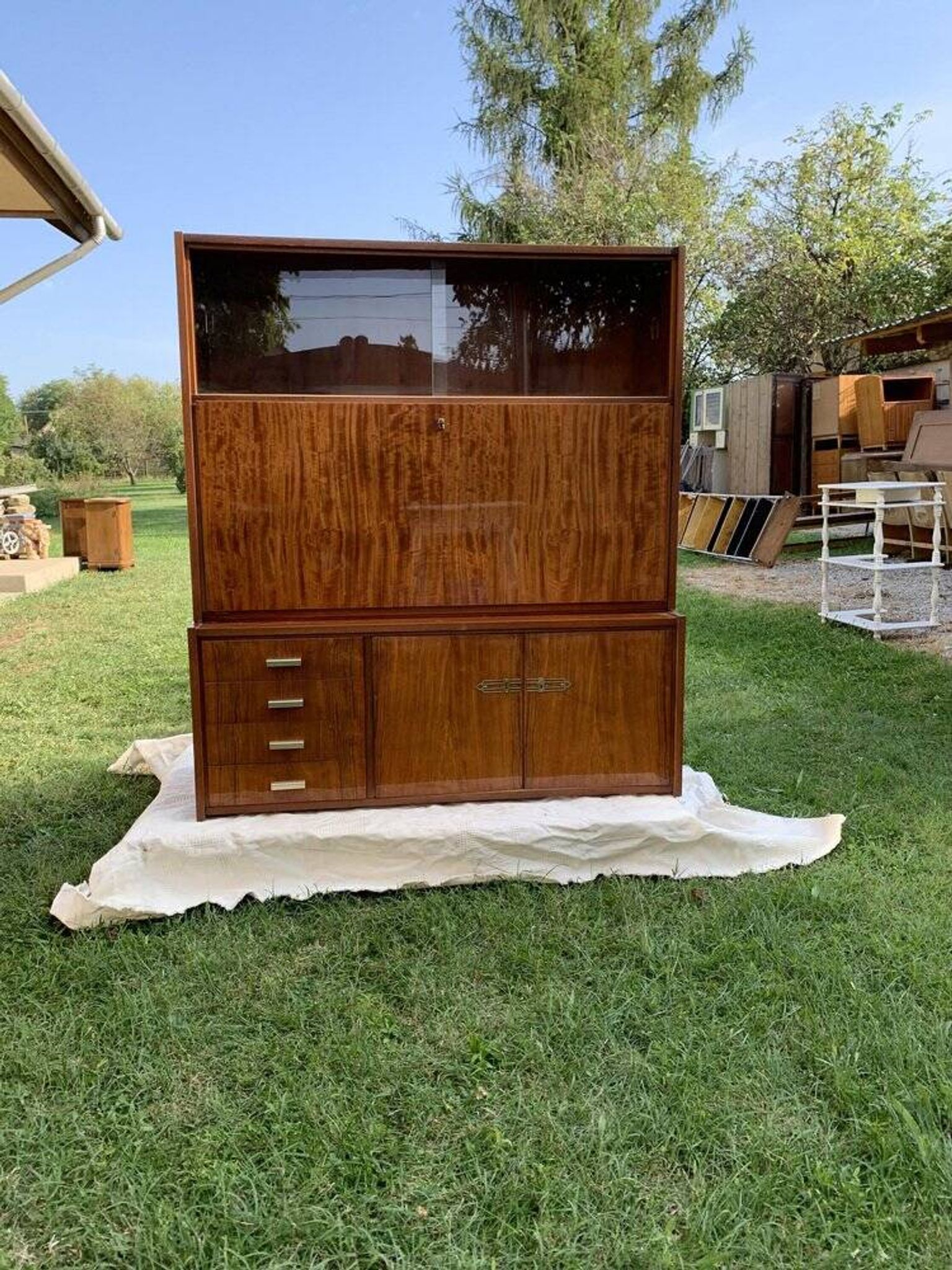 Mid-Century 1960s brown wooden wardrobe with display cabinet, drop-down front and drawers.