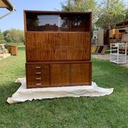 Mid-Century 1960s brown wooden wardrobe with display cabinet, drop-down front and drawers.