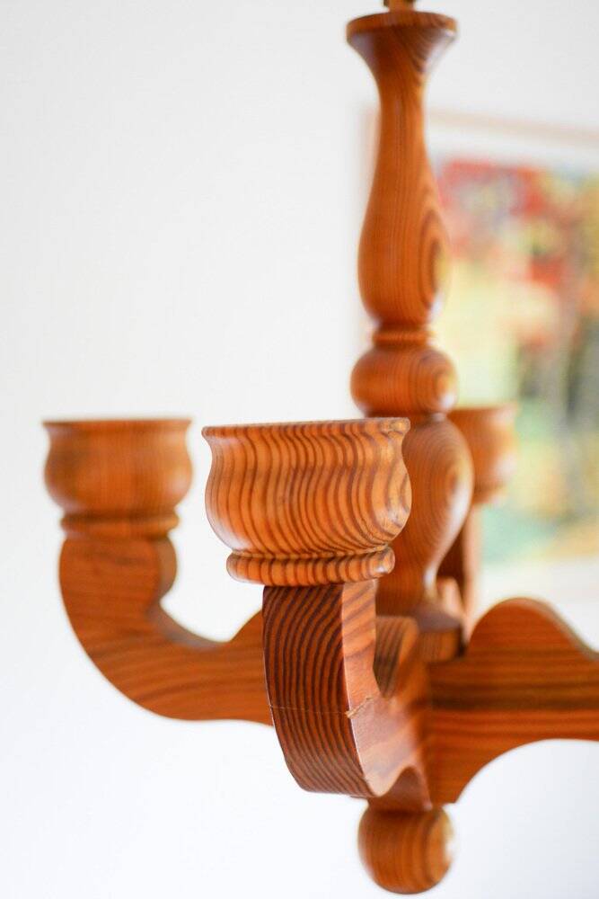 Rustic wooden pendant chandelier candleholder from Smålandsslöjd, Sweden, 1975
