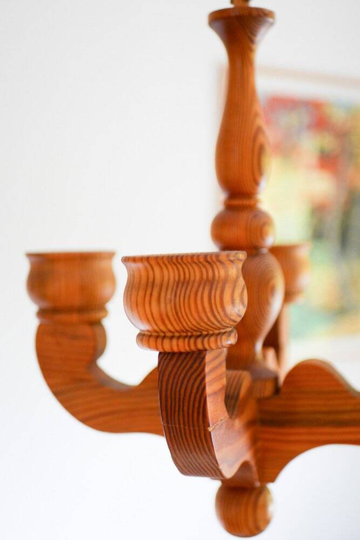 Rustic wooden pendant chandelier candleholder from Smålandsslöjd, Sweden, 1975