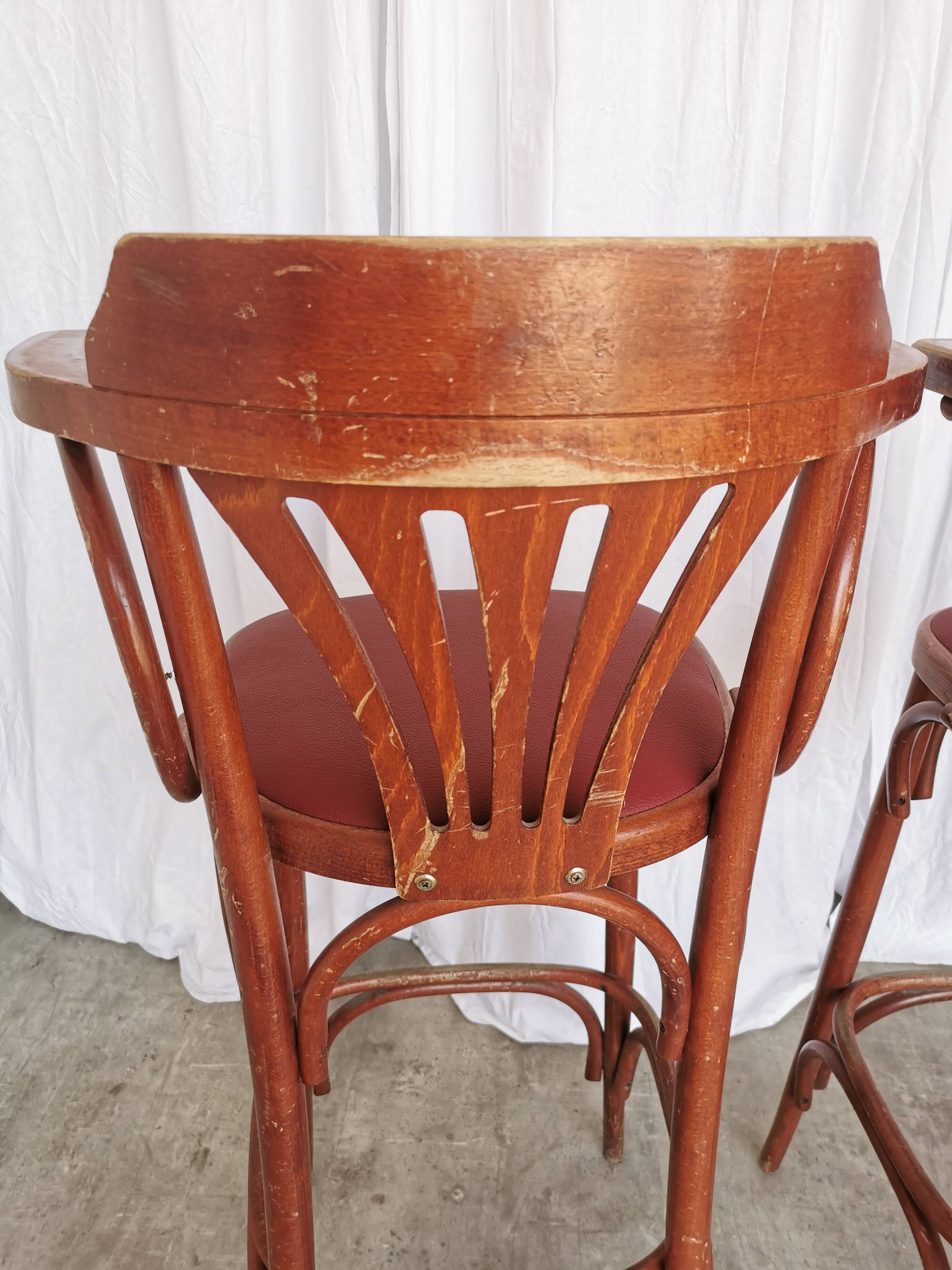 Set of 2 Vintage Bar Chairs: Red Leather Seat, High Pub Stools