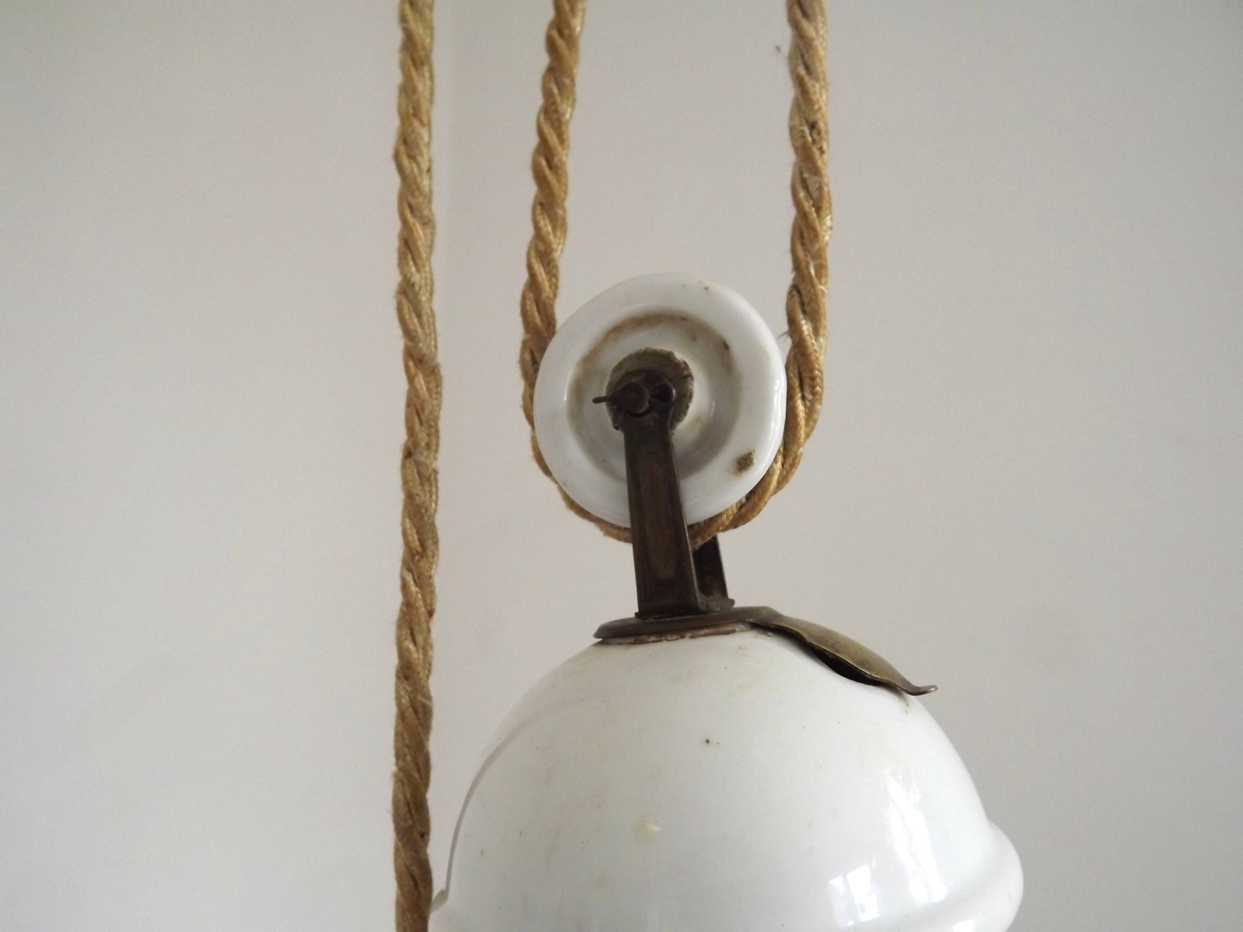 Vintage French Rise & Fall Counterbalance Ceiling Light Opaline Glass Shade