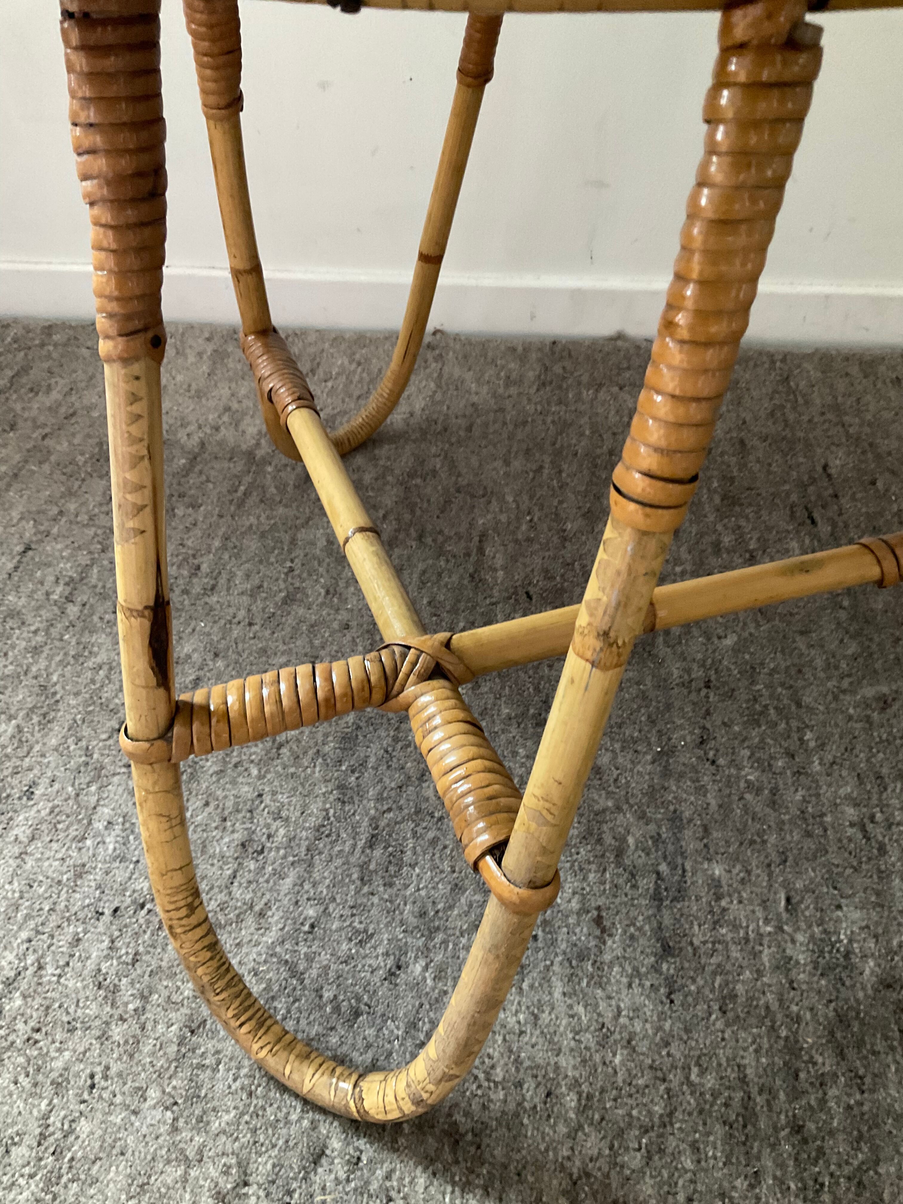 Asymmetrical rattan coffee table tripod foot, 60s